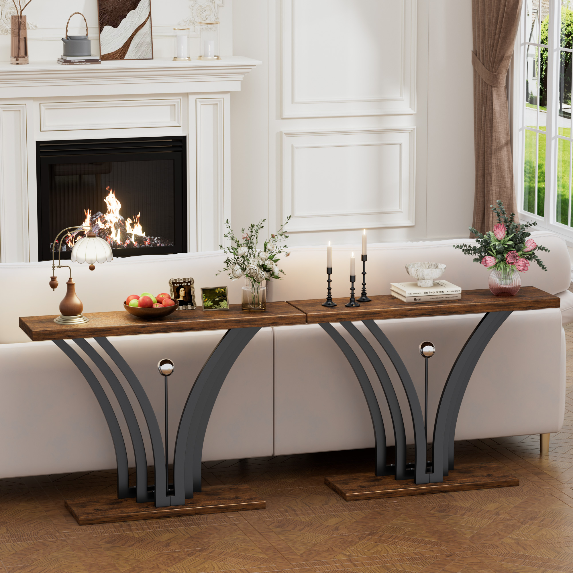 Modern Industrial Console Table Wood Top Curved Metal Frame Entryway Table with Anti-slip Kit for Living Room Hallway