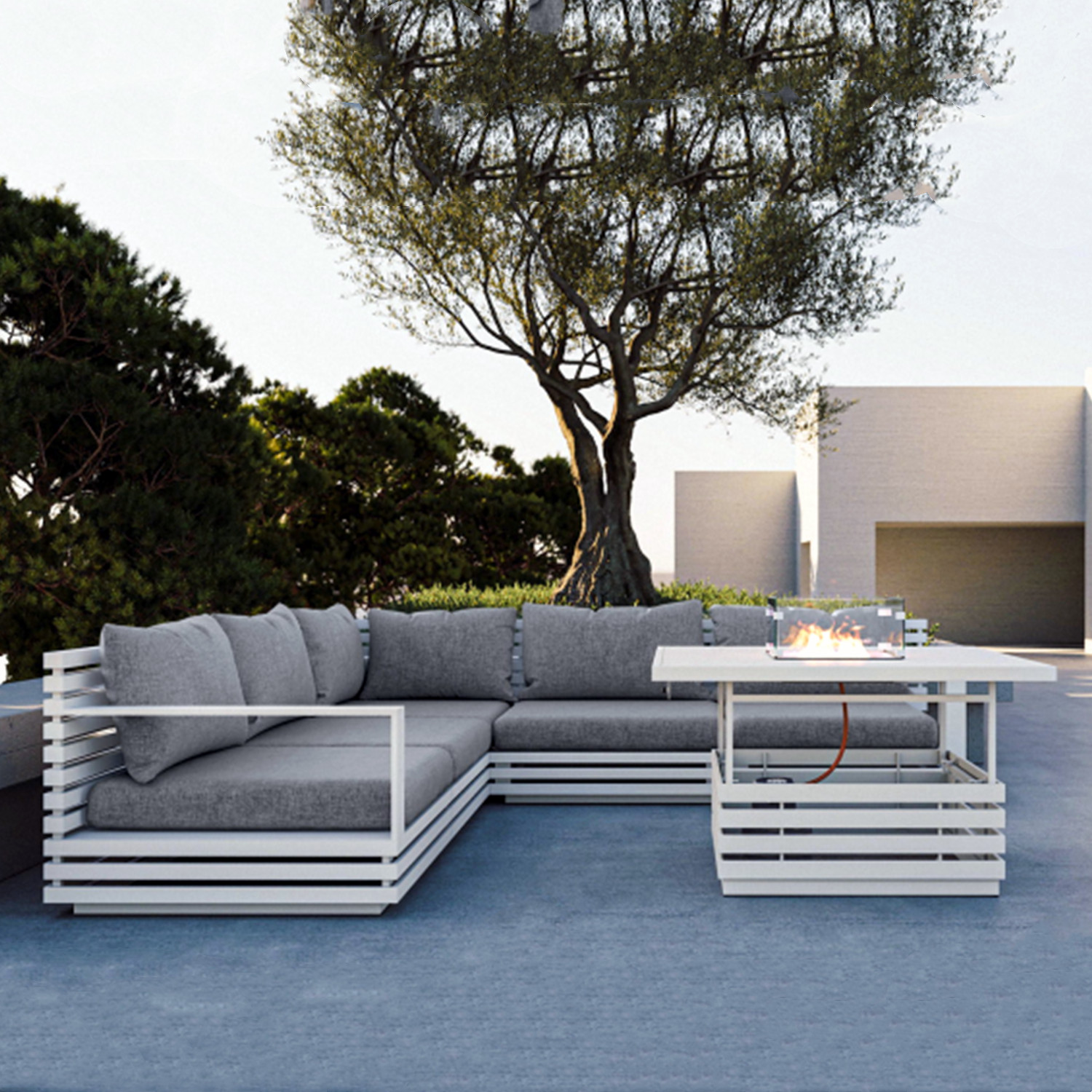 New Design Outdoor Furniture Aluminium Corner Sofa Set with Fire Pit Table Patio Conversation Set Garden Lounge Sofa