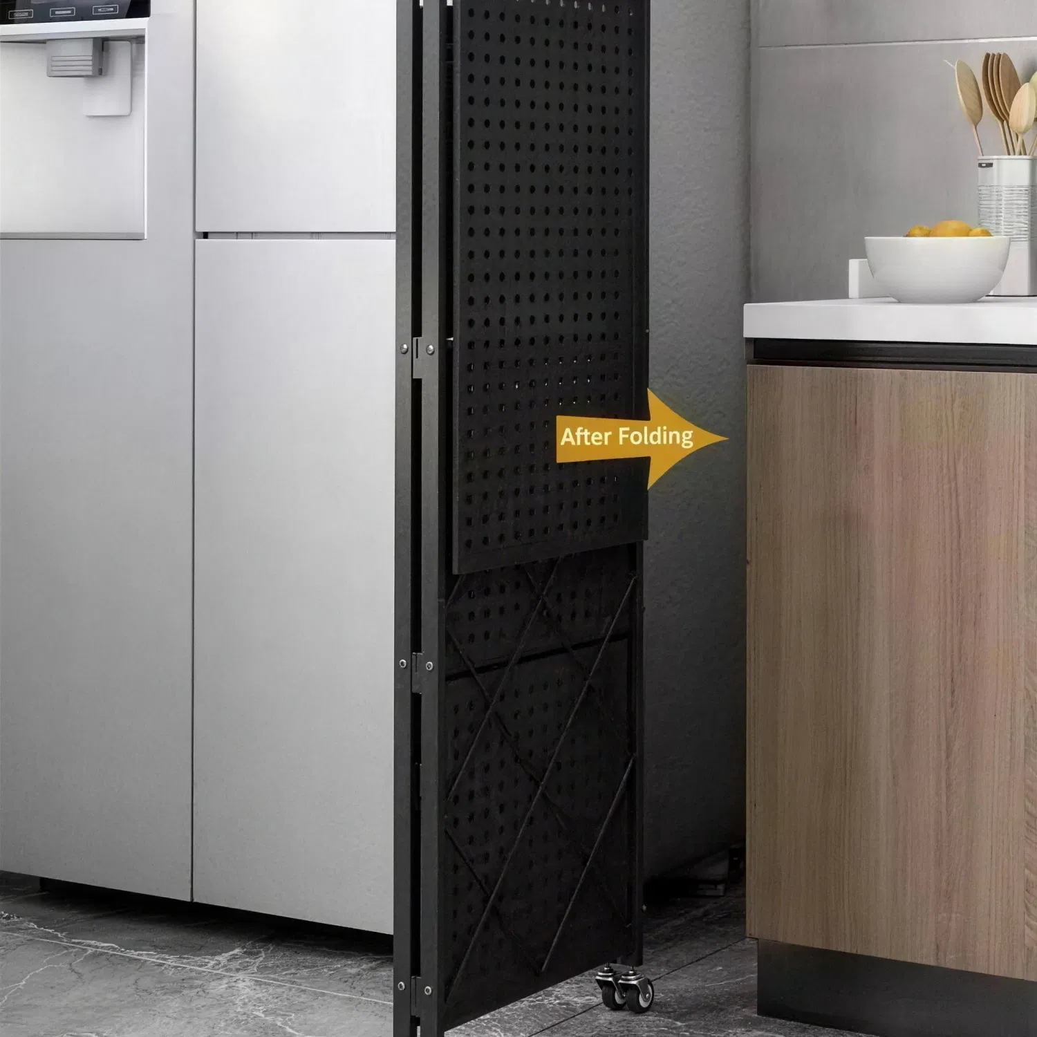 Four Layer Collapsible Storage Shelf on Wheels with Mesh Shelving for Laundry Room and Garage Organization Applications