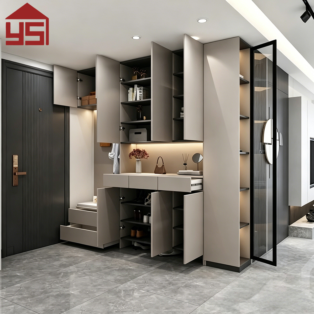 Luxury-grade Entryway Customizable Multi-zone Shoe Cabinet with LED Light Wood Hall Storage Cabinet