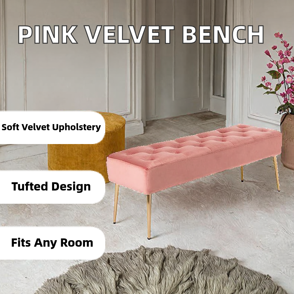 DUHOME Durable Comfortable Upholstered Button Tufted Velvet Foot Stool for Bedside Entryway Living Room Hallway Bedroom Pink