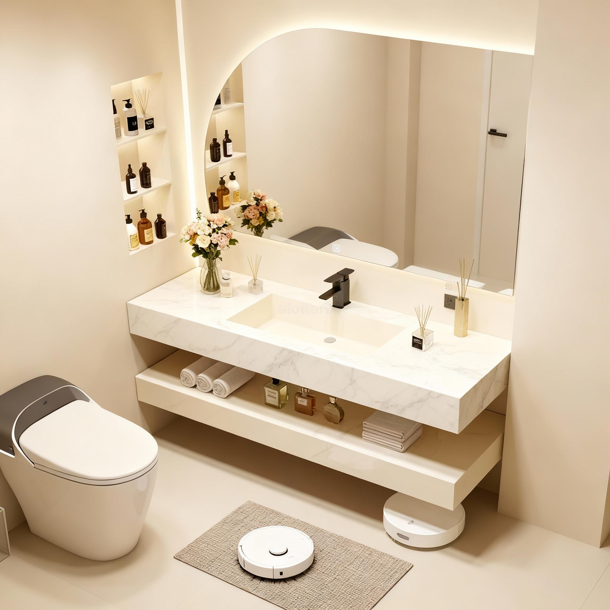 Modern Design Luxury Hotel Style Sintered Stone Countertop Bathroom Vanity with Seamless Ceramic Sink Cabinet