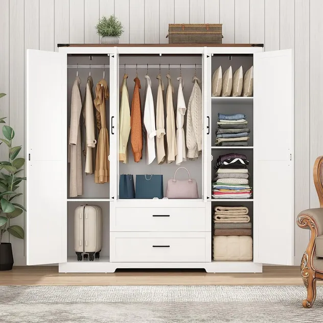 Modern Solid Wood Storage Wardrobe with Hooks & Padded Bench for Entryway Organization