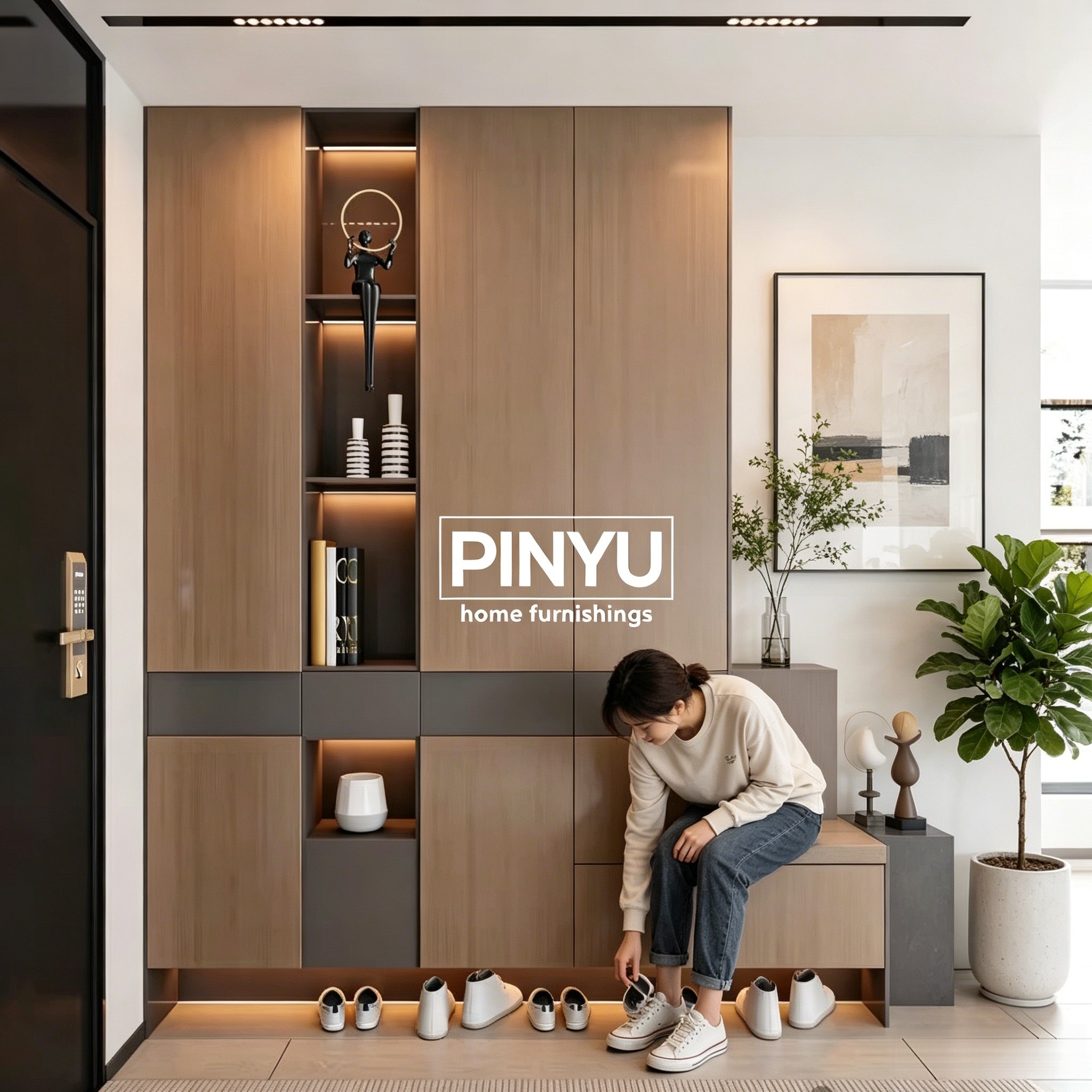 Light Luxury Composite Wood Entryway Shoe Cabinet Hallway Storage Bench Open Shelves Hidden Drawers LED Light
