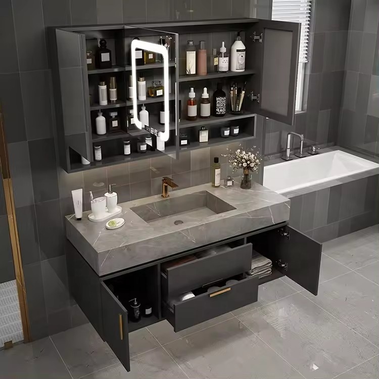 Modern Grey Floating Bathroom Vanity With Rock Slab Integrated Sink Wall Mounted Bathroom Cabinet For Home Hotel Renovation