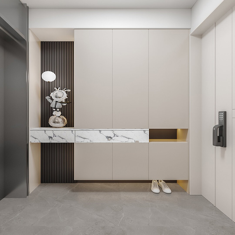 Modern Light Wood Entryway Shoe Cabinet with Built in Bench LED Lighting High End Design for Luxury Foyers