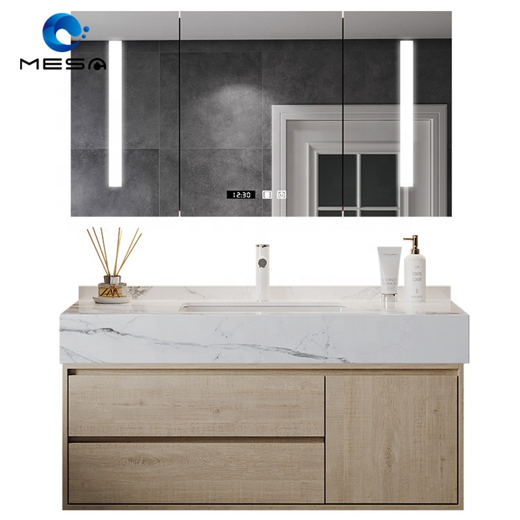 Modern Bathroom Wall Mounted Drawers Slate Cabinet Vanity With Sink and Led Mirror Set