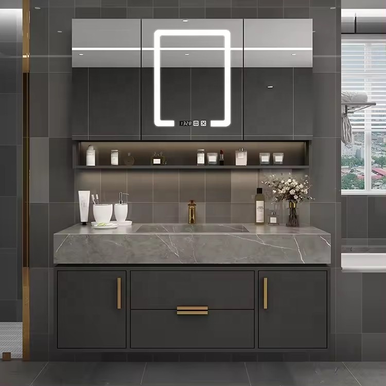 Modern Grey Floating Bathroom Vanity With Rock Slab Integrated Sink Wall Mounted Bathroom Cabinet For Home Hotel Renovation