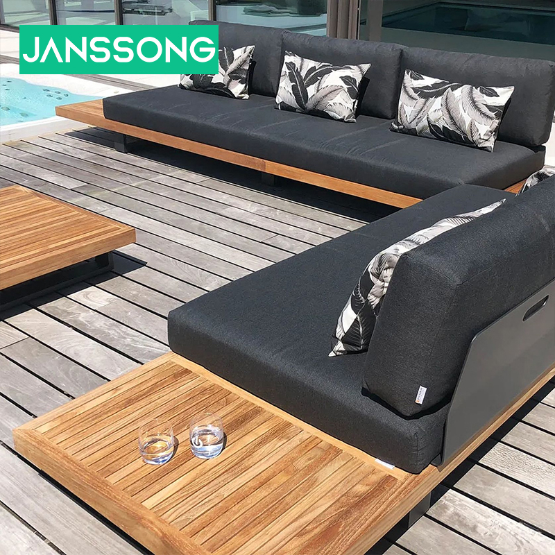 Luxury Teak Garden Sofa Hotel Villa Outdoor Aluminum Combination Patio Set Waterproof Cushion Casual Style Garden Furniture Set