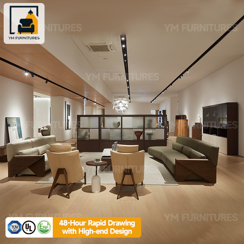 Wood Luxury Leather Sofa Furniture Ensemble with Accents Bespoke Upholstery Design for Villa Mansion Lounge Decor