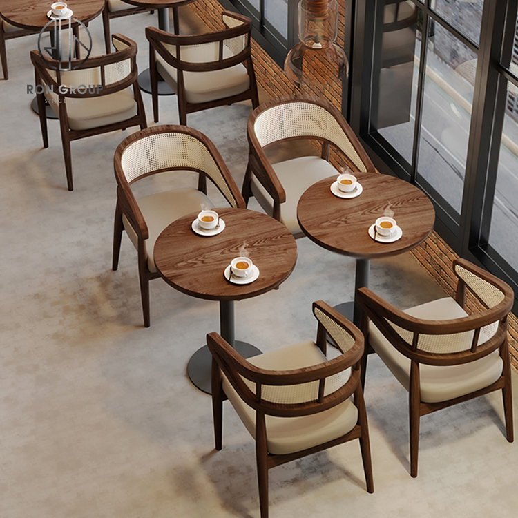 Modern Luxury Solid Wood Dining Furniture with Rattan Backrest Lounge Chair for Restaurant Hotel Coffee Shop or Cafe