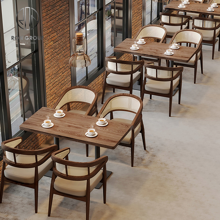 Modern Luxury Solid Wood Dining Furniture with Rattan Backrest Lounge Chair for Restaurant Hotel Coffee Shop or Cafe