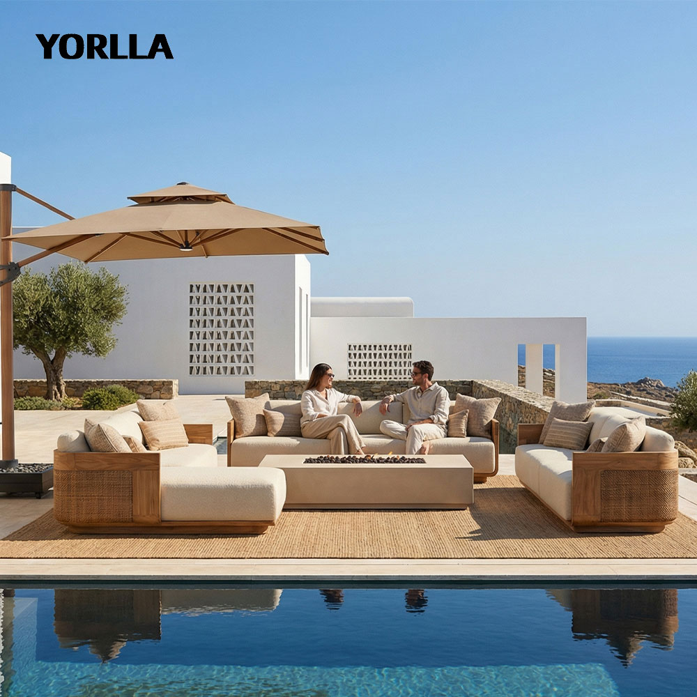 Luxury Modern Garden Sofa Set All-Weather Teak Wood Rattan Outdoor Furniture Sectional Lounge Couch for Villa Hotel Patio