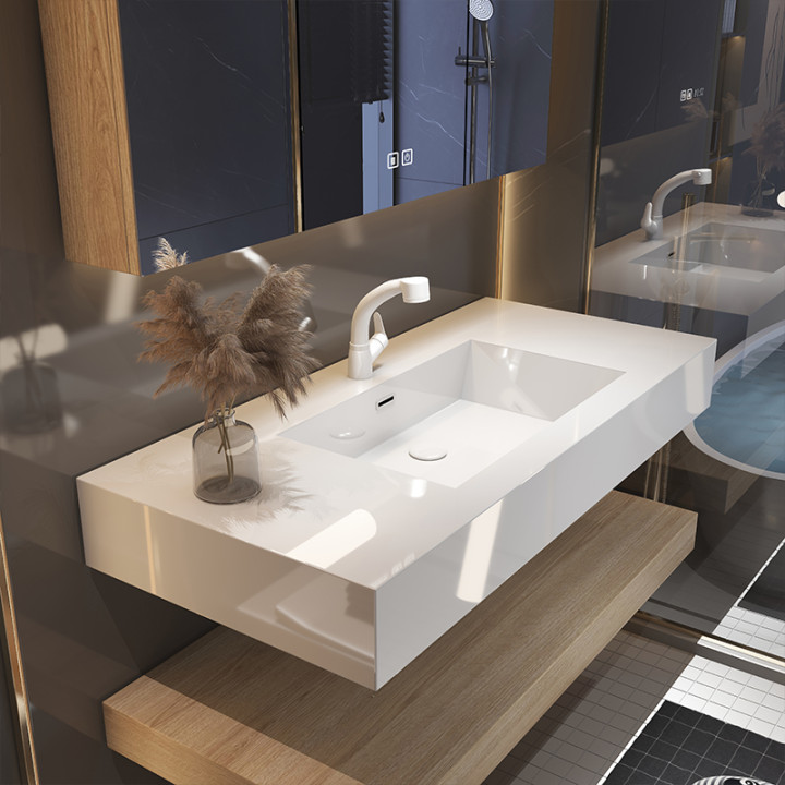 Modern Solid Wood Bathroom Cabinet with All-in-one Basin and Different Shape Smart Mirror Cabinet