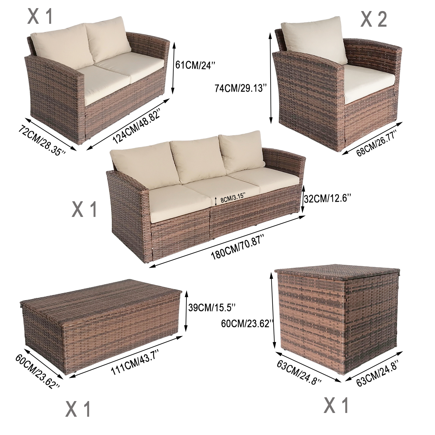 Factory Best Seller 7 Seat Patio Furniture Set Rattan Sofa Sets Indoor Outdoor Use Garden Furniture With Storage Table