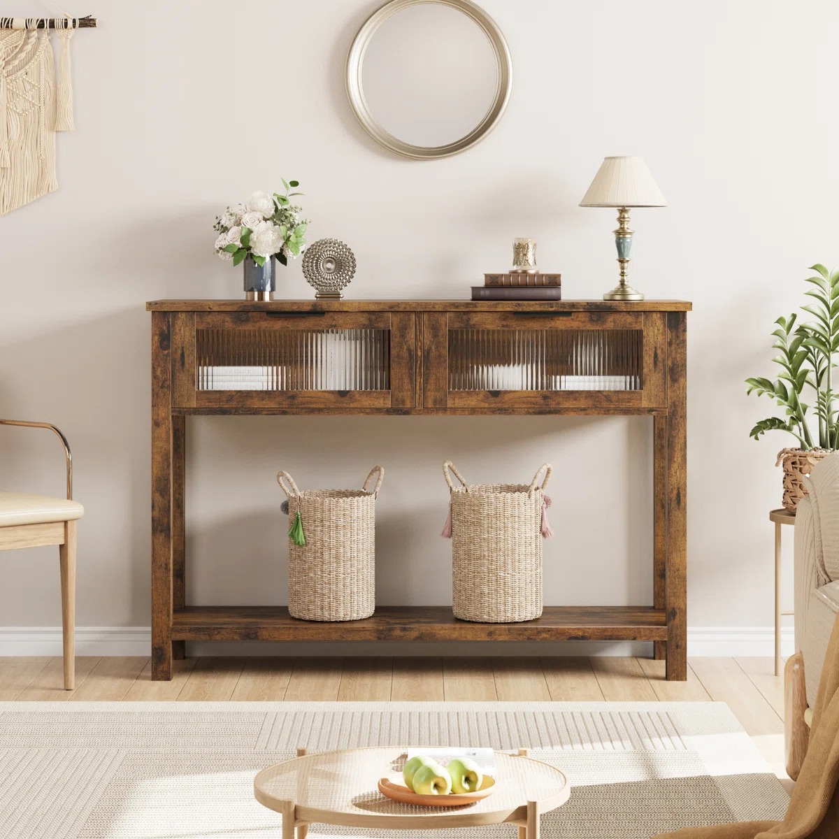 Easy Assembly MDF Vintage Brown Console Table with 2 Glass Front Drawers Lower Shelf Entryway Sofa Hallway Table