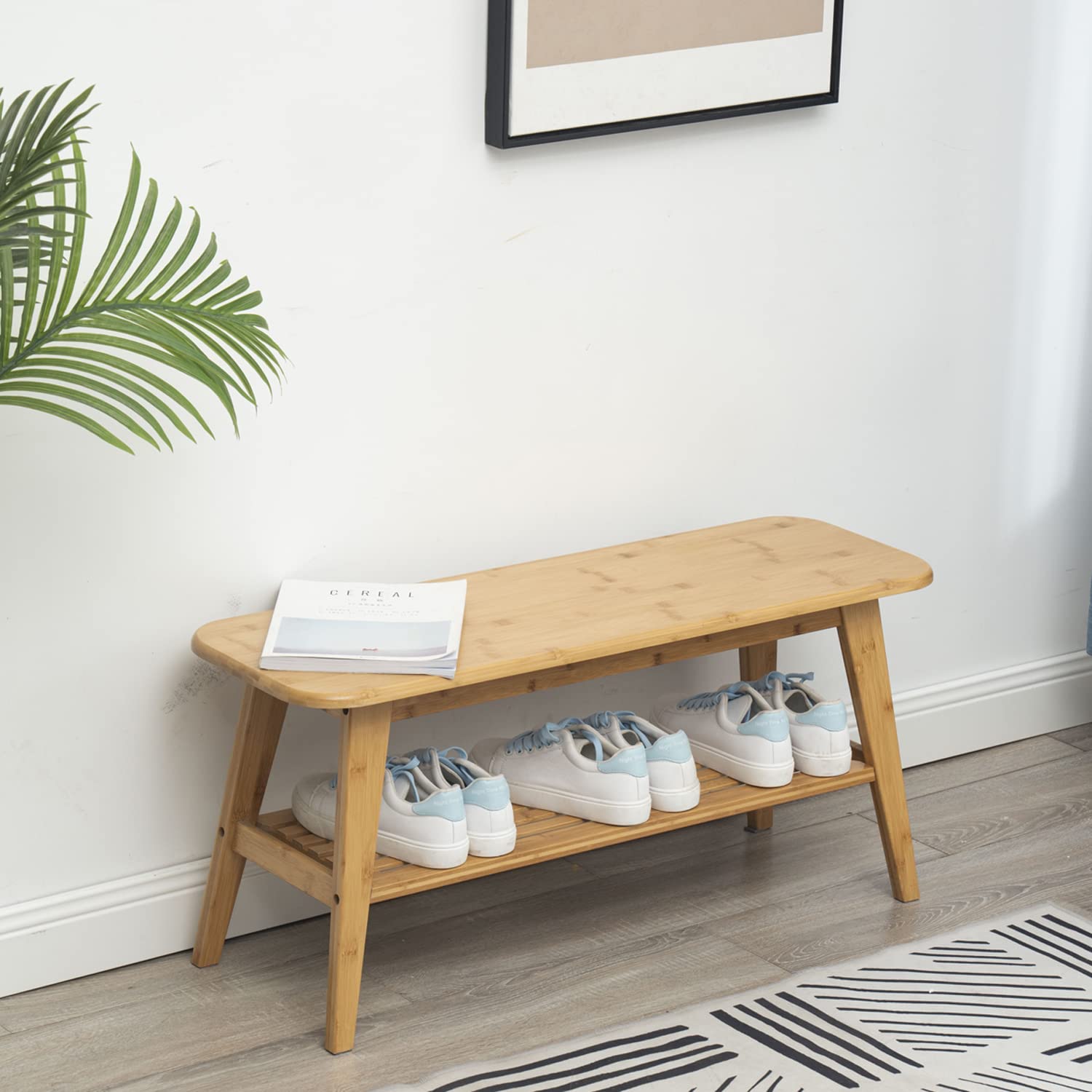 2 Tier Shoe Rack Bench, Bamboo Entryway Bench, Shoe Bench With Storage for Hallway