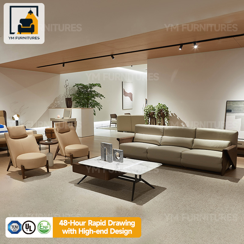 Wood Luxury Leather Sofa Furniture Ensemble with Accents Bespoke Upholstery Design for Villa Mansion Lounge Decor