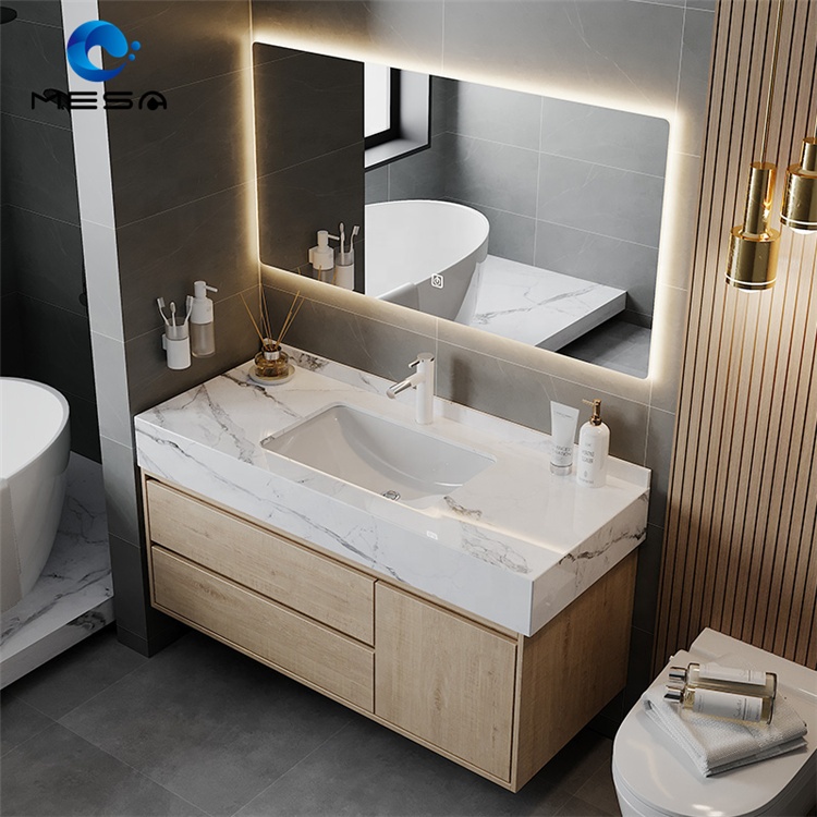 Modern Bathroom Wall Mounted Drawers Slate Cabinet Vanity With Sink and Led Mirror Set