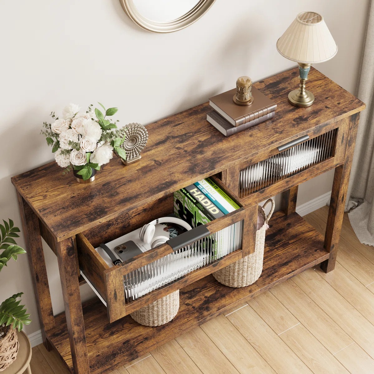 Easy Assembly MDF Vintage Brown Console Table with 2 Glass Front Drawers Lower Shelf Entryway Sofa Hallway Table