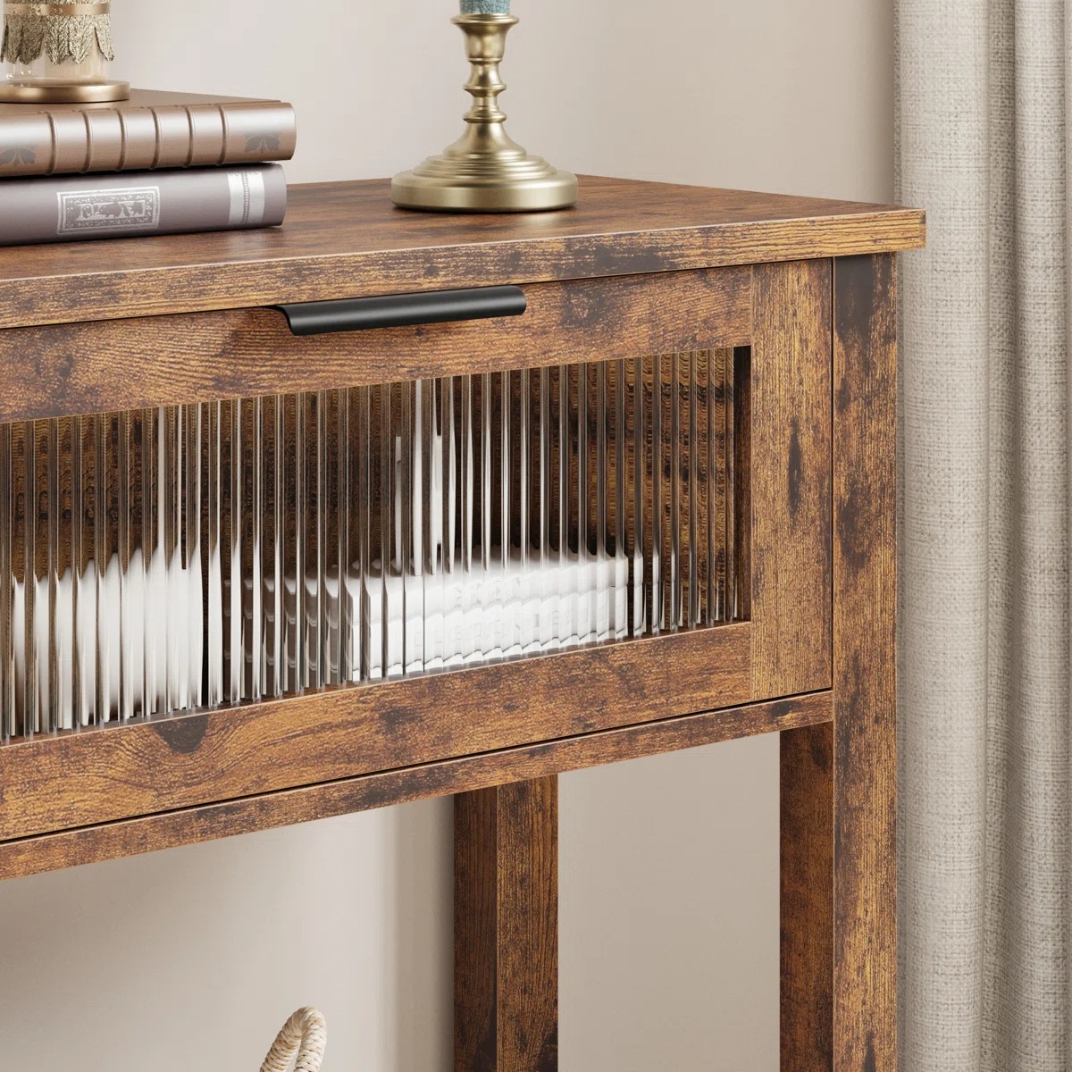 Easy Assembly MDF Vintage Brown Console Table with 2 Glass Front Drawers Lower Shelf Entryway Sofa Hallway Table