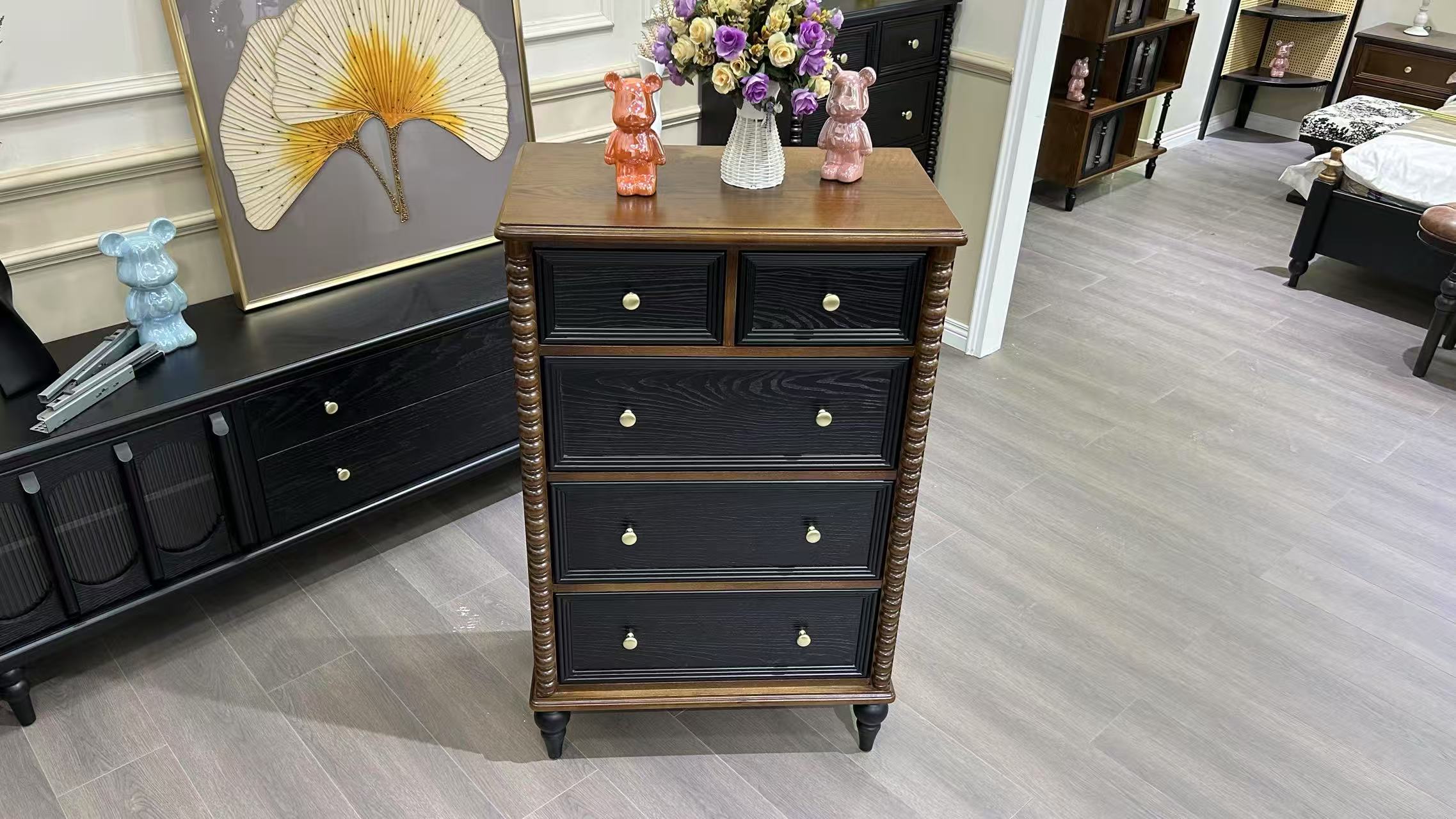 Custom Traditional Style Sideboard Farmhouse 5 Drawer Solid Wood Lacquer Tall Dresser Storage Chest for Bedroom Entryway Hallway