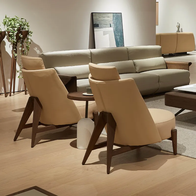 Wood Luxury Leather Sofa Furniture Ensemble with Accents Bespoke Upholstery Design for Villa Mansion Lounge Decor