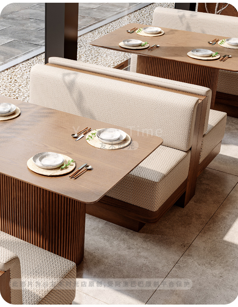 Commercial Restaurant Table and Chair Solid Wood Booth Sofa with Round Dining Table and Armchairs for Cafe and Restaurant