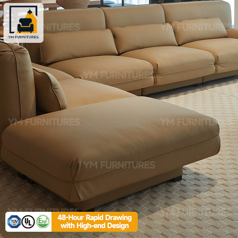 Banquet Lobby Decor Luxury Neutral Tone Leather Upholstered Accents Bespoke Premium L-Shape Sofa Furniture