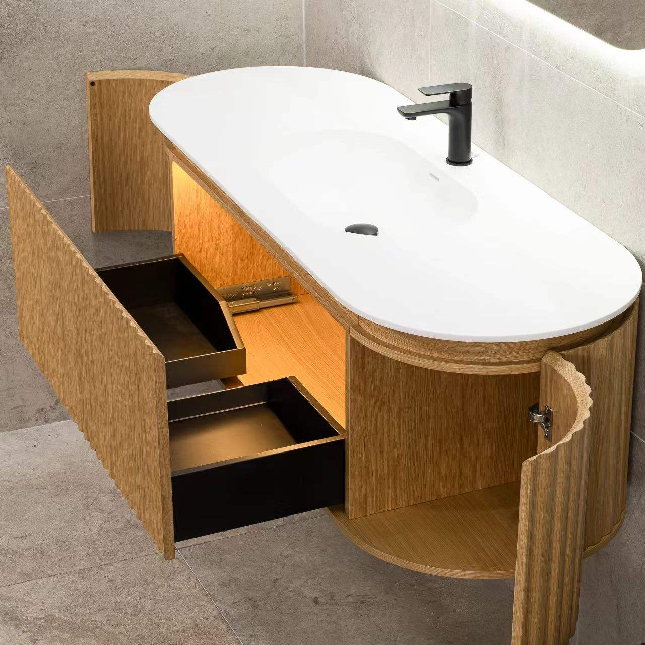 Wholesale Custom High-quality Simple European-style Fluted Curved Luxury Wooden Floating Bathroom Vanity With Sink And Mirror
