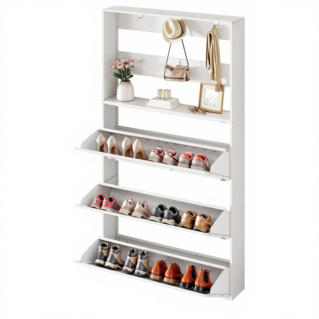 Steel Wall Mounted Shoe Cabinet with 3 Flip Drawers &amp; Coat Rack Slim Design for Entryways &amp; Hallways White