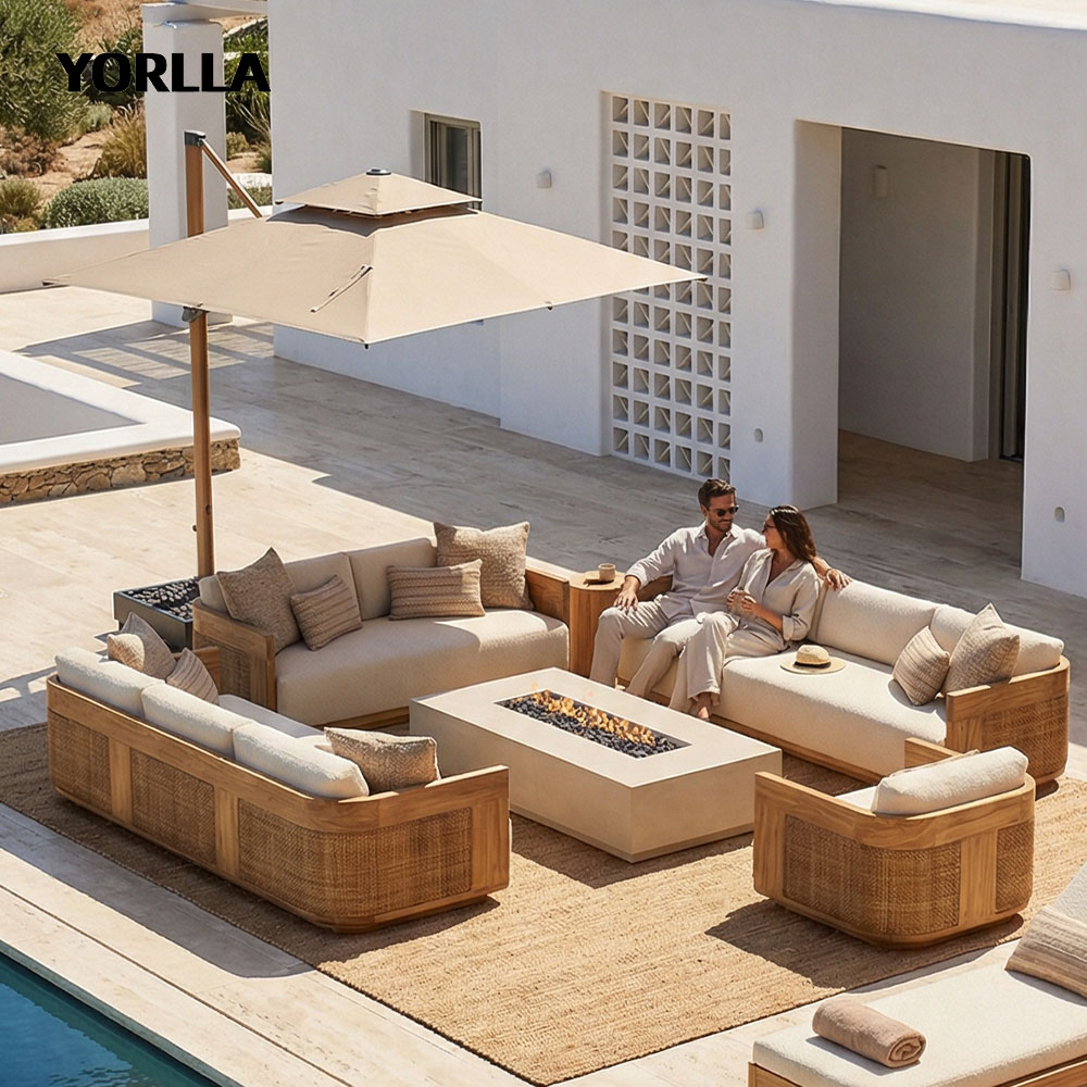 Luxury Modern Garden Sofa Set All-Weather Teak Wood Rattan Outdoor Furniture Sectional Lounge Couch for Villa Hotel Patio