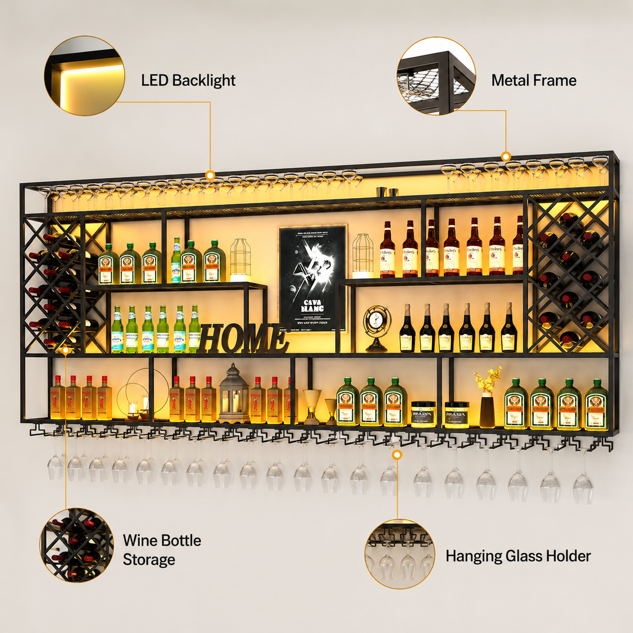 Custom Wall Mounted LED Wine Rack Industrial Iron Furniture Shelves Dining Room Display Cabinet Wine Bottle Holder For Bar Hotel