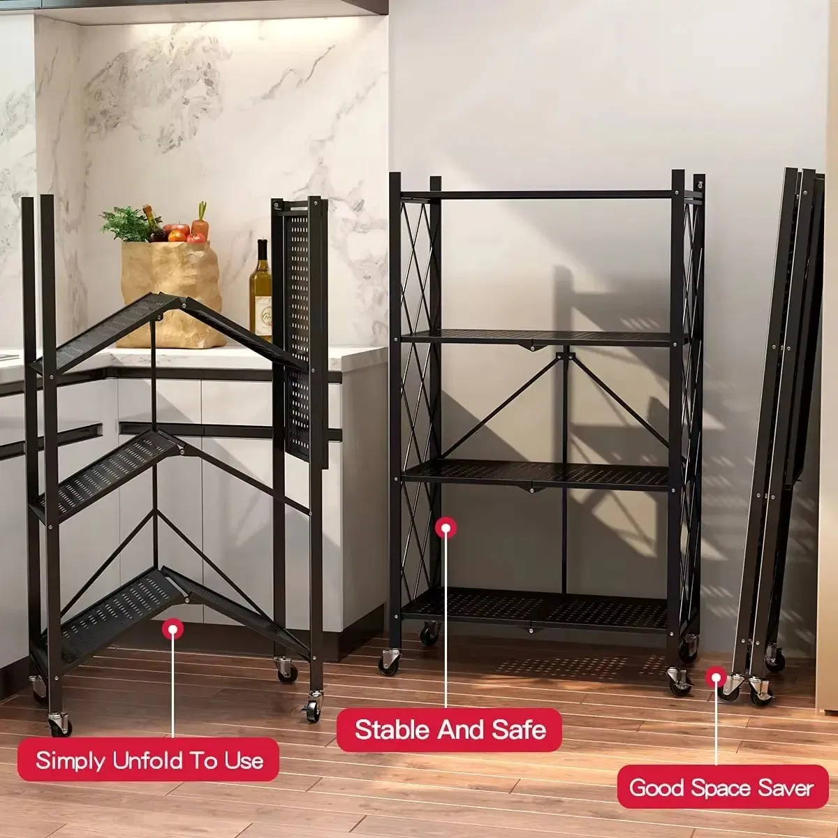 Four Layer Collapsible Storage Shelf on Wheels with Mesh Shelving for Laundry Room and Garage Organization Applications