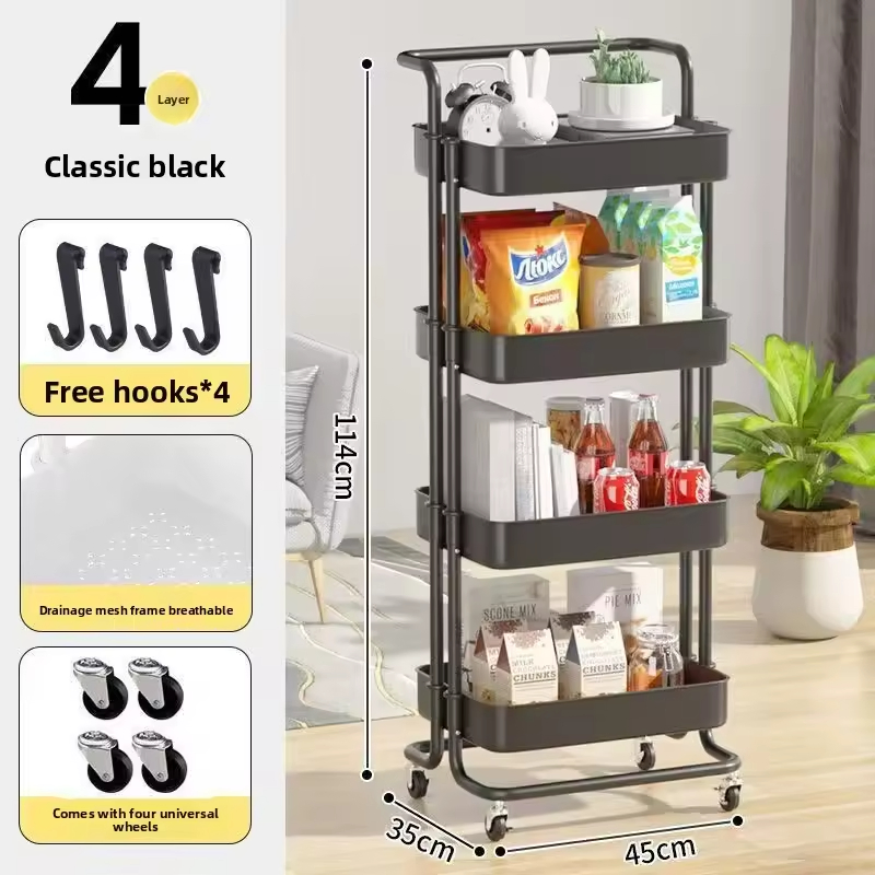 Mobile Kitchen Storage Rack with Multi-Tier Shelves for Living Room Organization