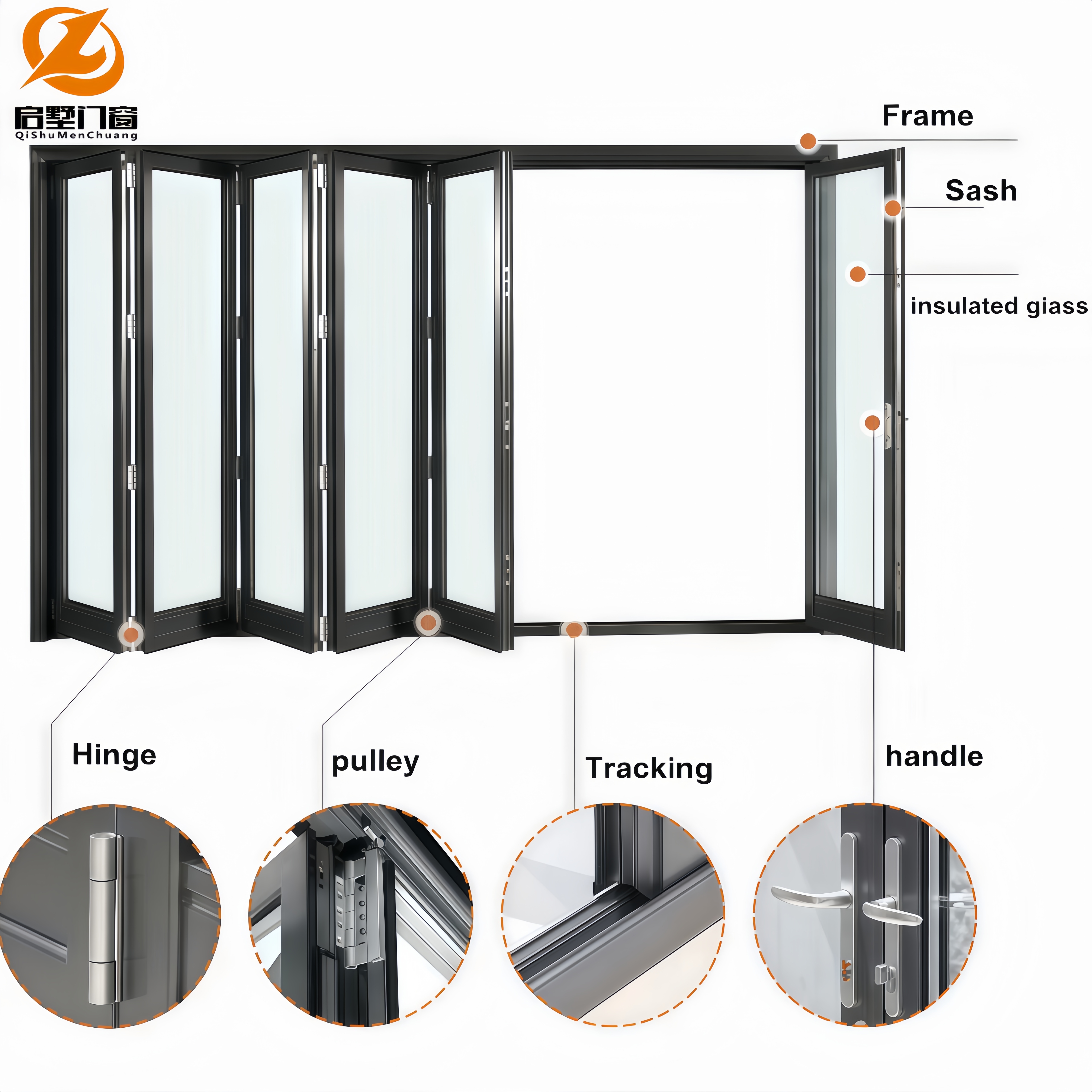 High Performance Thermal Break Aluminum Bifold Doors | Slim Frame Soundproof Folding Entry/Mall Luxury Villa Patio Door | Double