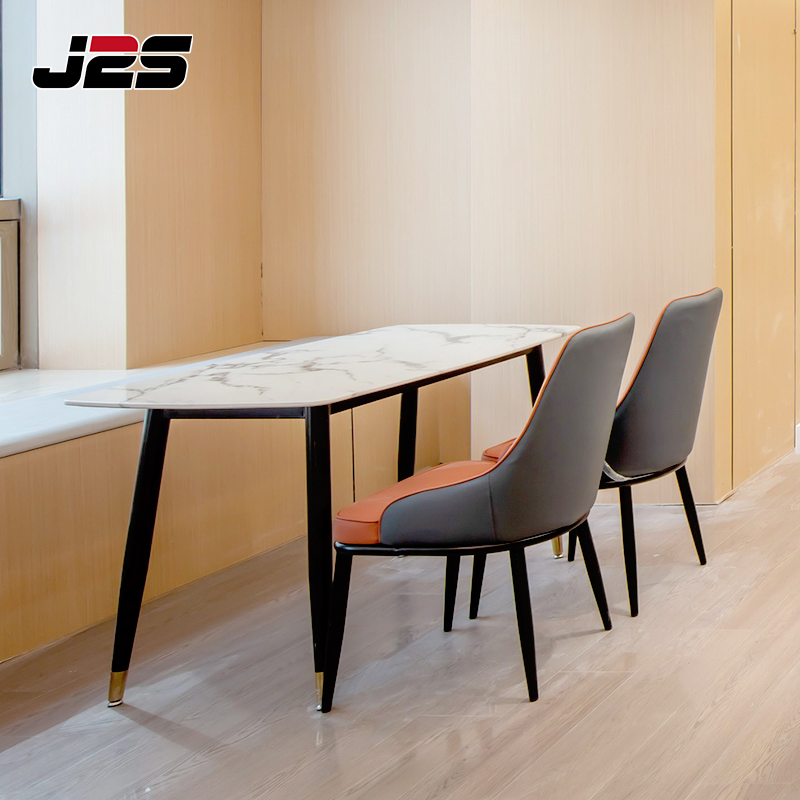 Premium Commercial Restaurant Furniture Grey Orange Seat Rectangular Stone Table Brass Foot Accent Upscale Cafe Room