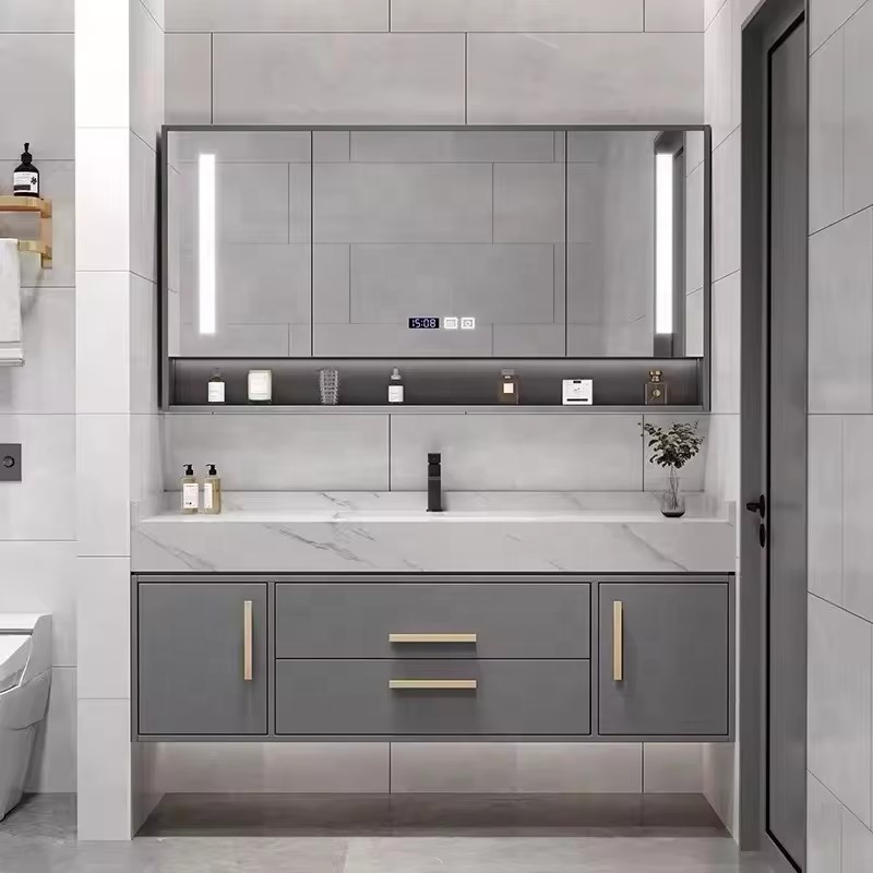 Modern Grey Floating Bathroom Vanity With Rock Slab Integrated Sink Wall Mounted Bathroom Cabinet For Home Hotel Renovation