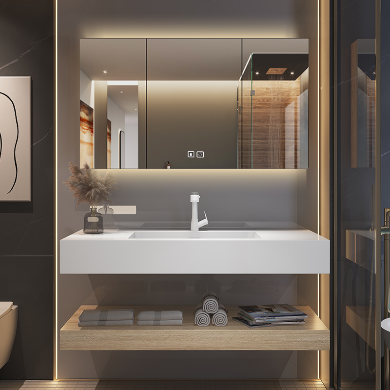 Modern Solid Wood Bathroom Cabinet with All-in-one Basin and Different Shape Smart Mirror Cabinet