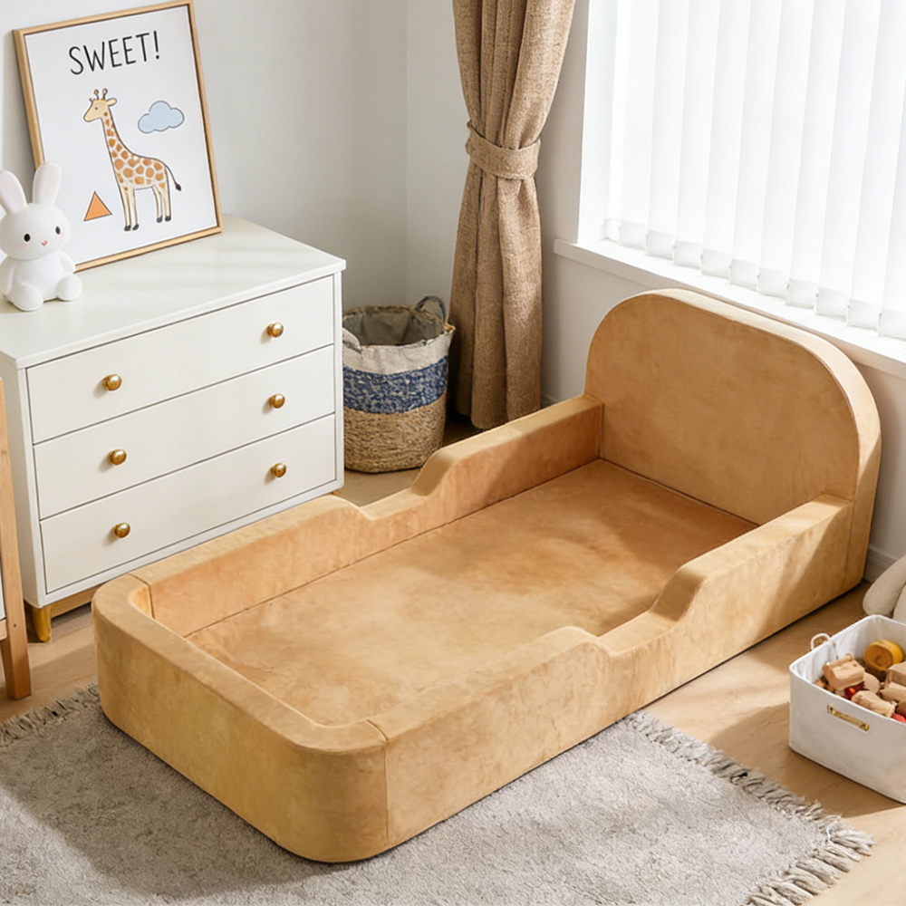 Soft Padded Toddler Floor Bed Frame with Safety Guardrails Upholstered Kids Bed Low Profile Kid Nursery Bedroom Furniture