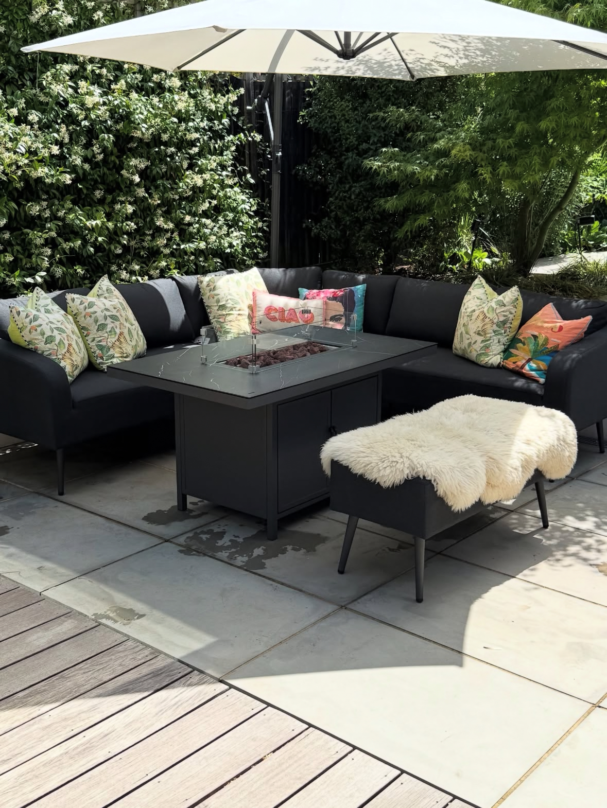 Modern Outdoor Patio Furniture Set Black Fabric Conversation Suite with Fire Pit Table Garden Sofas for Courtyard Metal Material