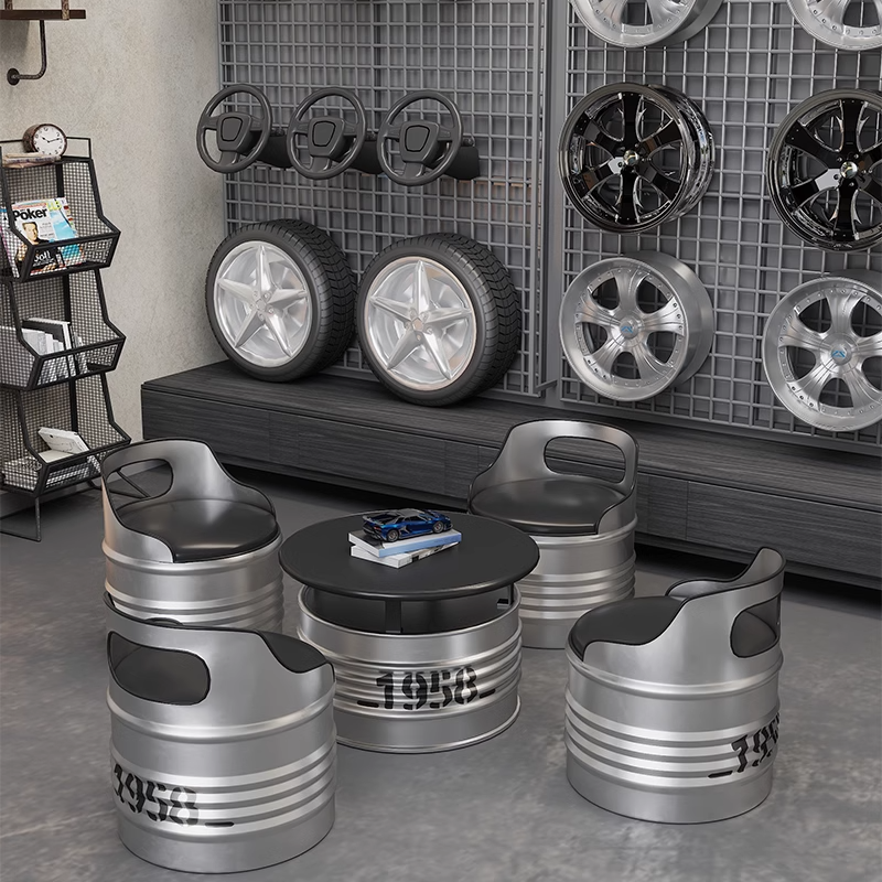 Industrial Creative Blue Oil Drum Metal Furniture Set Vintage Style Cafe Bar Restaurant Bistro Bar Table and Stool