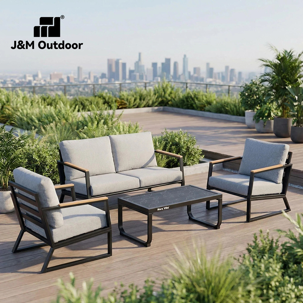 J&amp;M Modern Luxury Aluminum Outdoor Garden Sofa Set Waterproof Rust-proof 4 Piece Patio Furniture for Villa Farmhouse Hotel