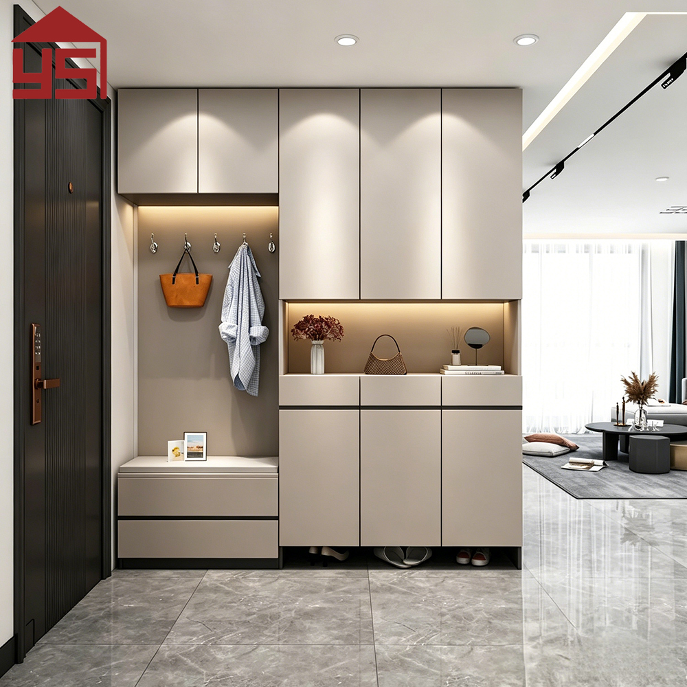 Luxury-grade Entryway Customizable Multi-zone Shoe Cabinet with LED Light Wood Hall Storage Cabinet