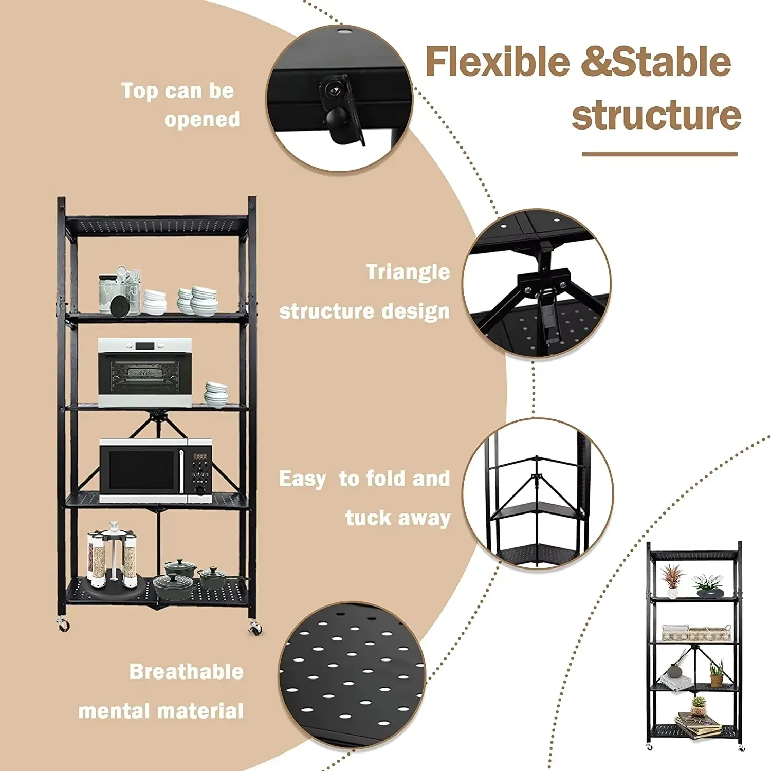Four Layer Collapsible Storage Shelf on Wheels with Mesh Shelving for Laundry Room and Garage Organization Applications