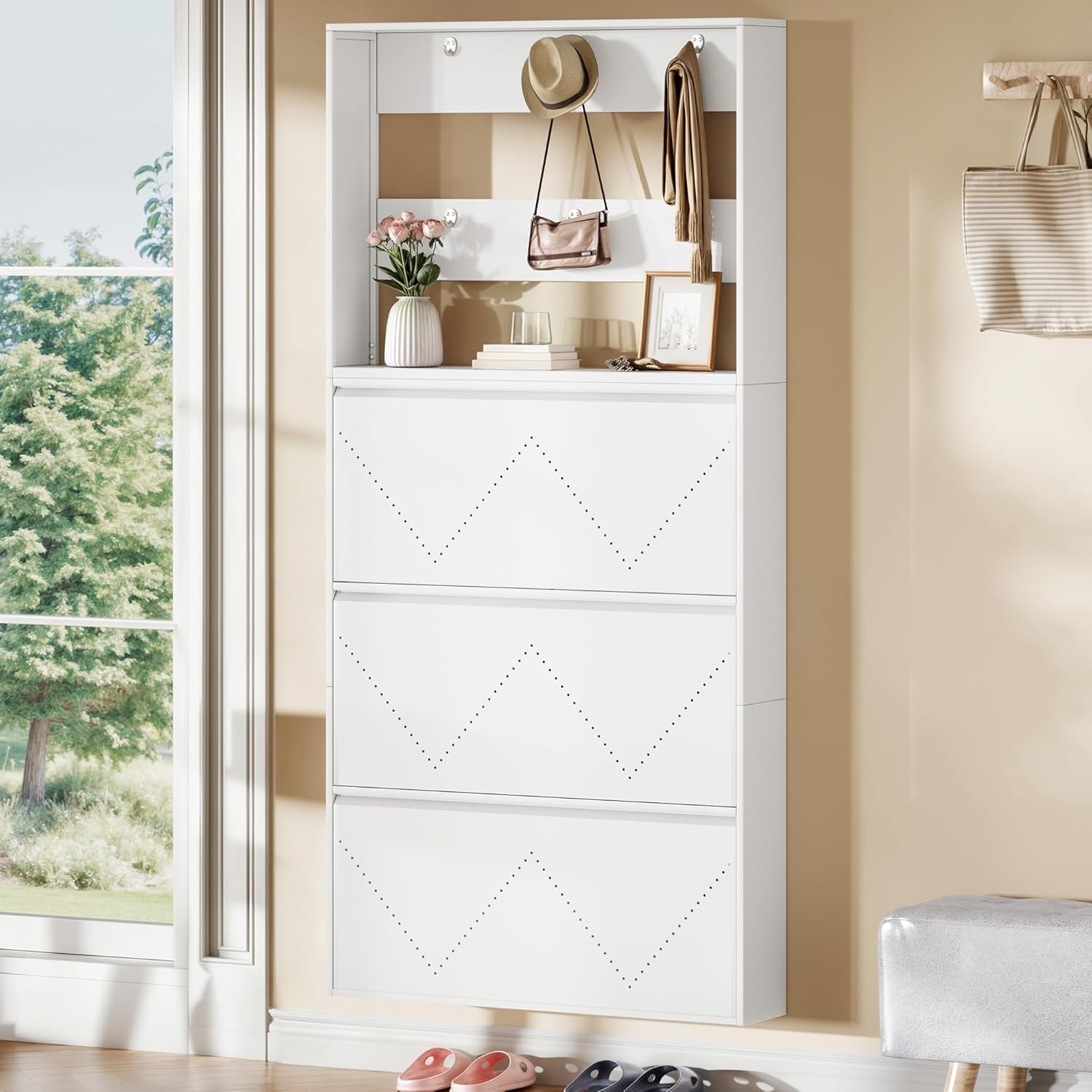 Steel Wall Mounted Shoe Cabinet with 3 Flip Drawers &amp; Coat Rack Slim Design for Entryways &amp; Hallways White