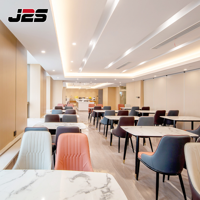 Premium Commercial Restaurant Furniture Grey Orange Seat Rectangular Stone Table Brass Foot Accent Upscale Cafe Room