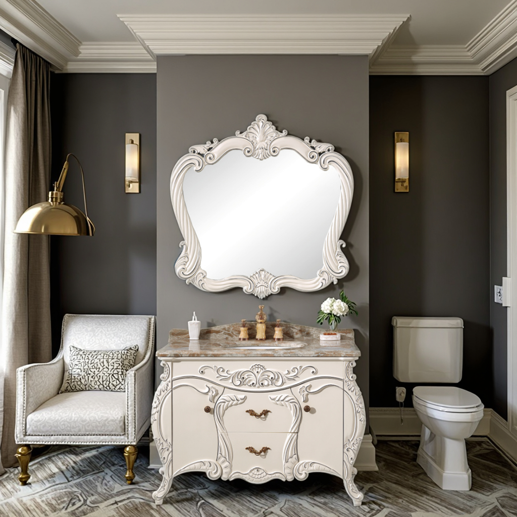 European Classic Antique Design Bathroom Vanities Solid Wood Furniture with Marble Stone Cabinets for Hotels and Villas