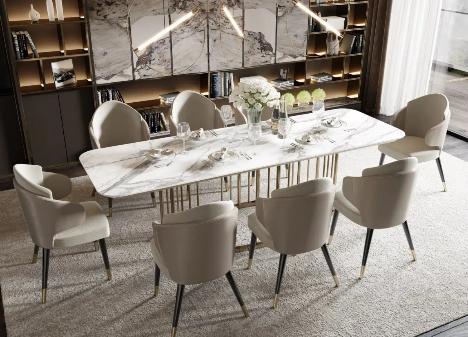 Classic Foshan Factory Modern Dining Room Marble Rectangle Dining Table 6 Seater Furniture