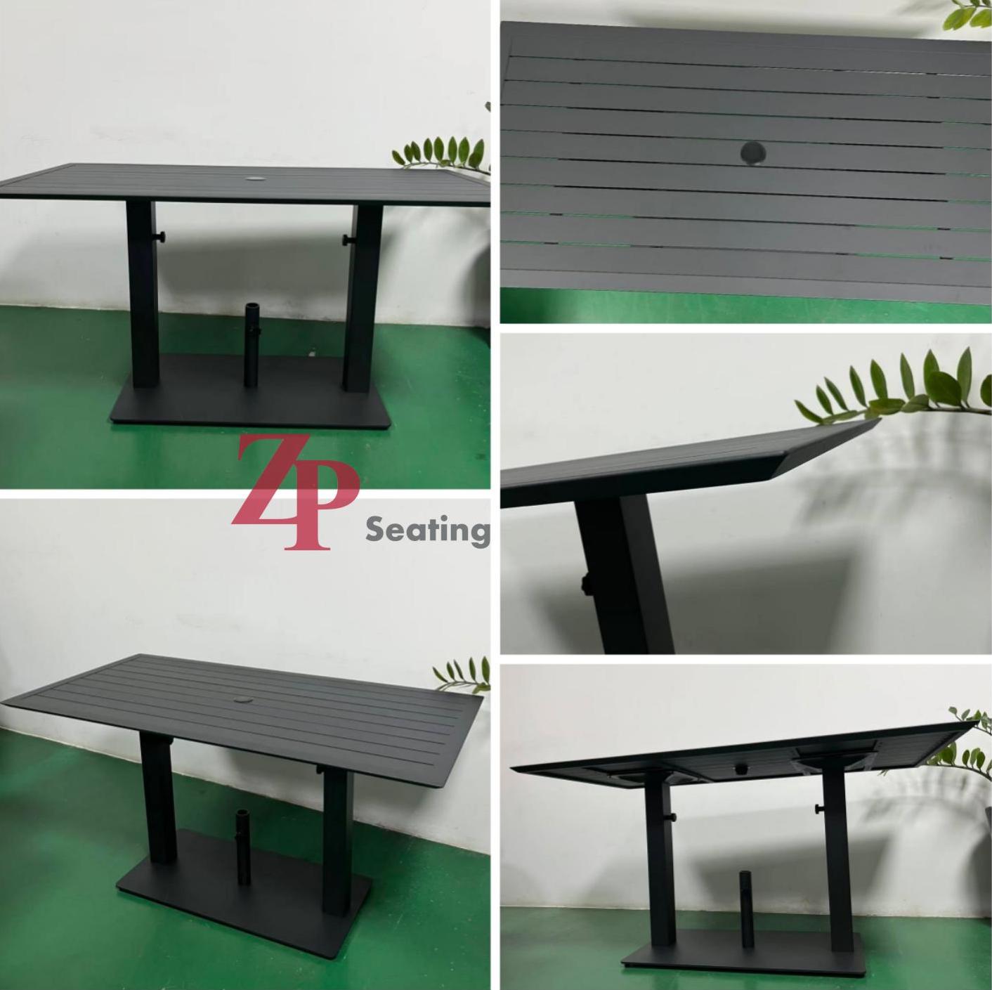 All Weather Restaurant Set Tables and Chairs Coffee Cafe Table Height All Aluminum Slats Bistro Black Metal Table